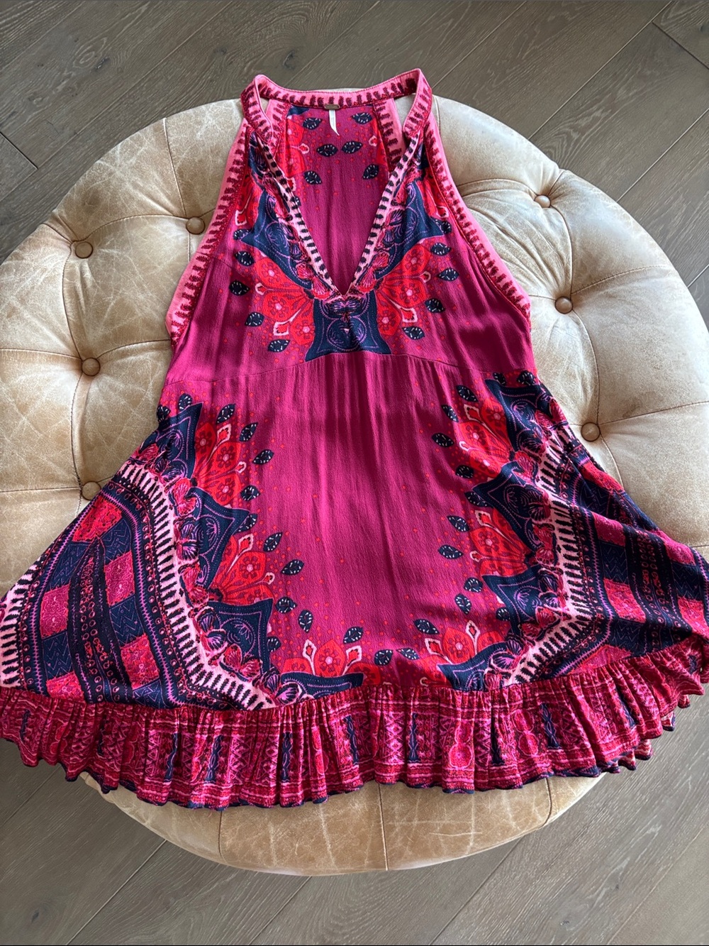 Free People MINI  Sleeveless Boho Halter Dress in Magenta & Navy Size L